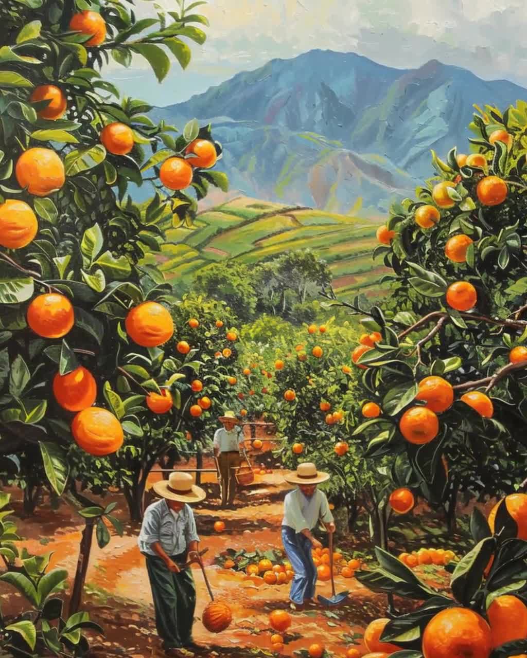 メキシコの柑橘園のアート、農民がオレンジを収穫する絵画、緑豊かな