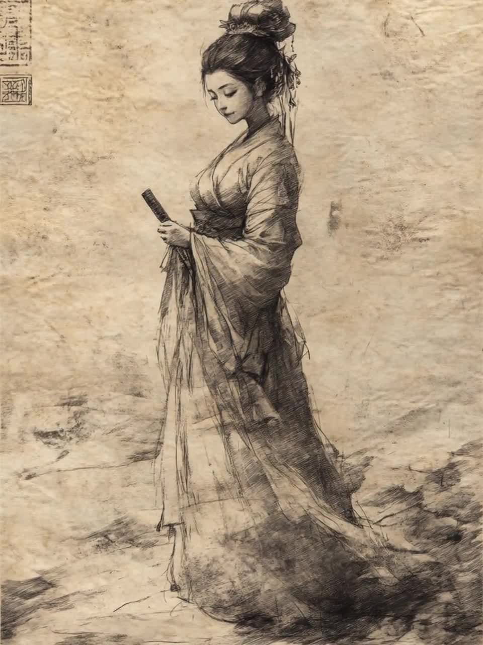 中国　古い　大型　人物画　アンティーク　絵画 女媧女神のアートプリント：中国の創造神、蛇の姿、天上の調和 - Etsy 日本