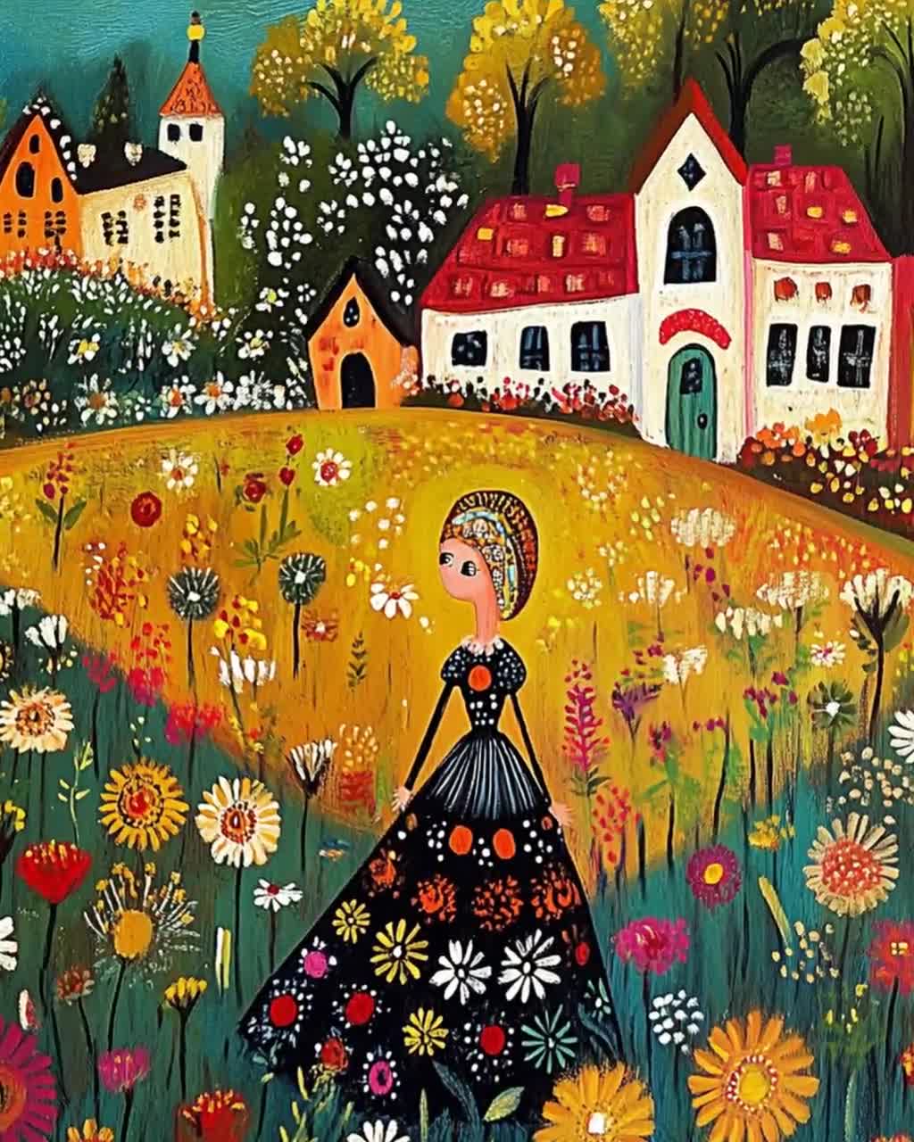 Macedonian Naive Art Print, Folk Art Village Scene With Flowers