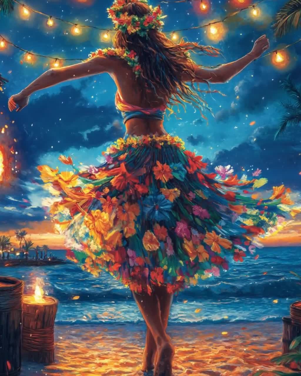 80s HULA DANCER 特大アート フレーム 油彩画 ヴィンテージ Aloha-from-Waikiki-Hula-Girl-