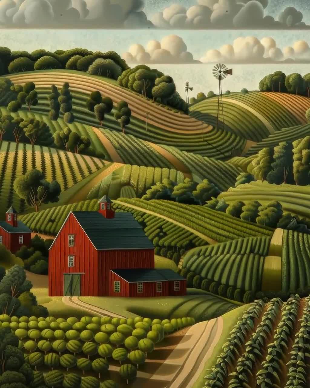 Grant Wood Inspired Farmstead Print: Rustic American Landscape Art