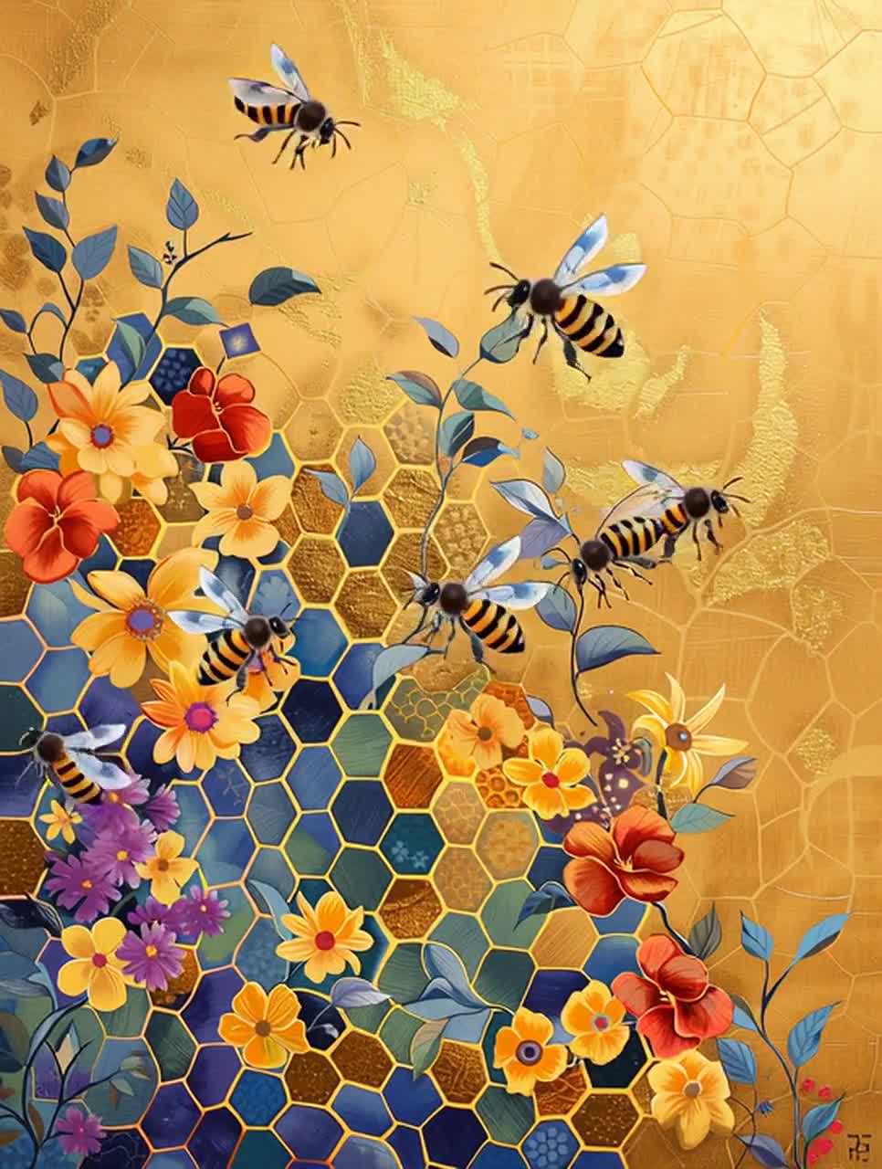 黄金のハニカムとミツバチのアート、自然の幾何学絵画 - Etsy 日本