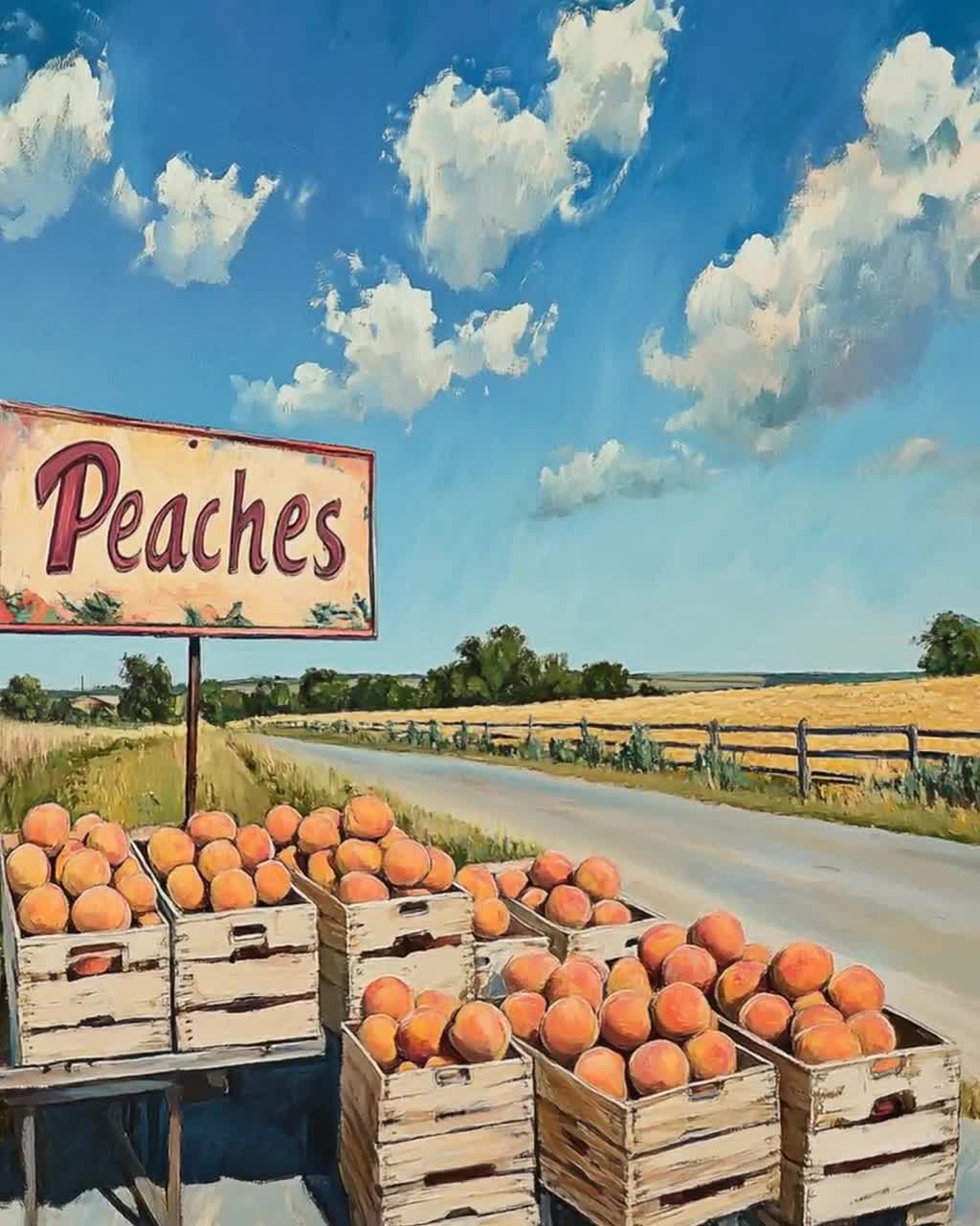 Fredericksburg Peach Stand Scene, Texas Hill Country Fruit Art