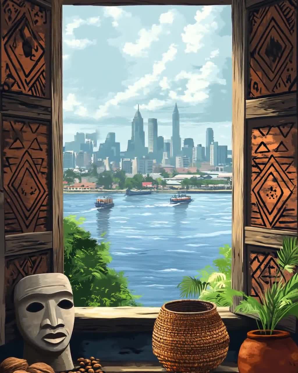 ラゴスの木製窓のイラスト、ナイジェリアのヨルバ語のモチーフ、都市