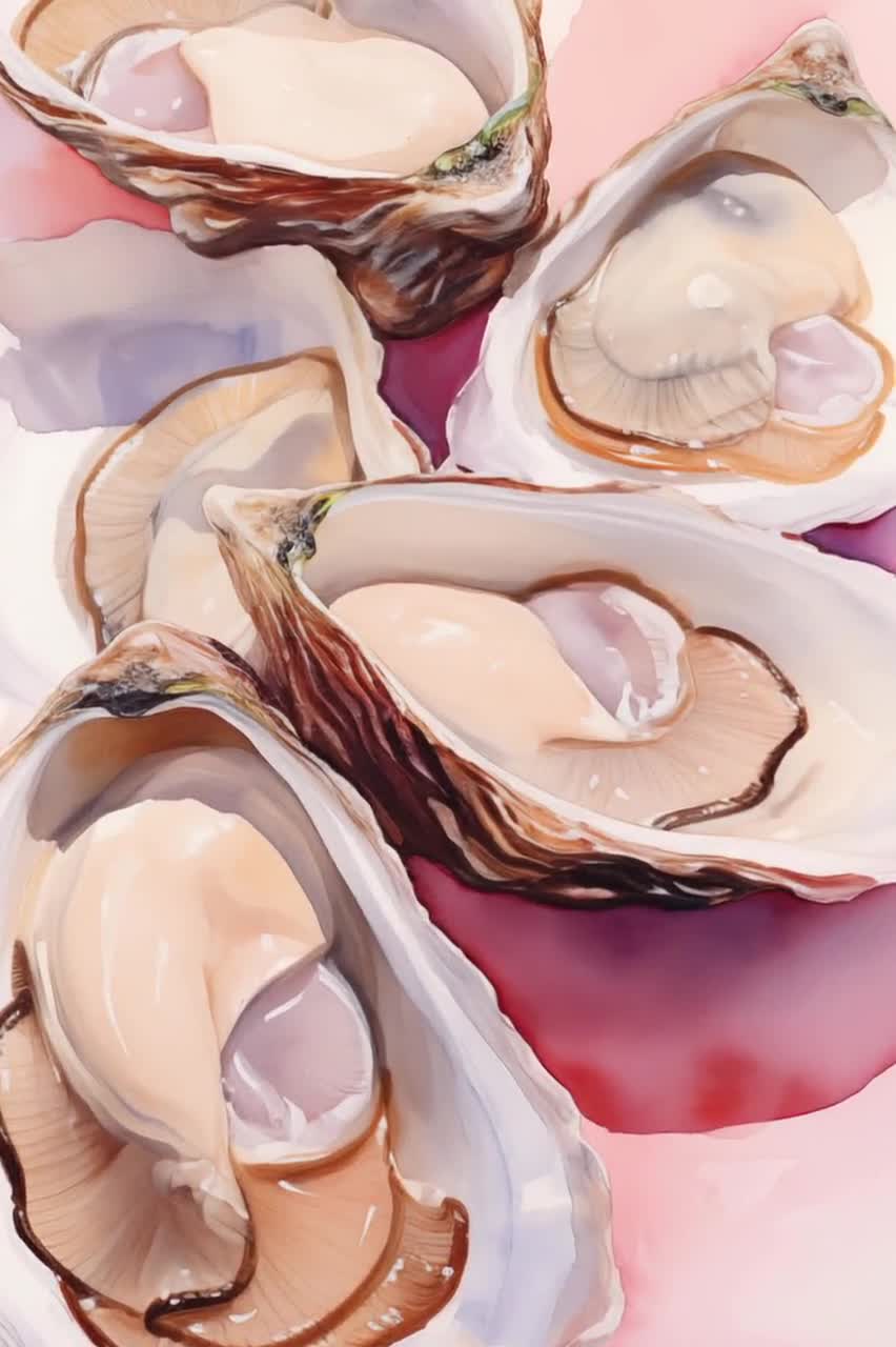 ピンクの牡蠣の殻のアートプリント：水彩画風ビーチハウスプリント