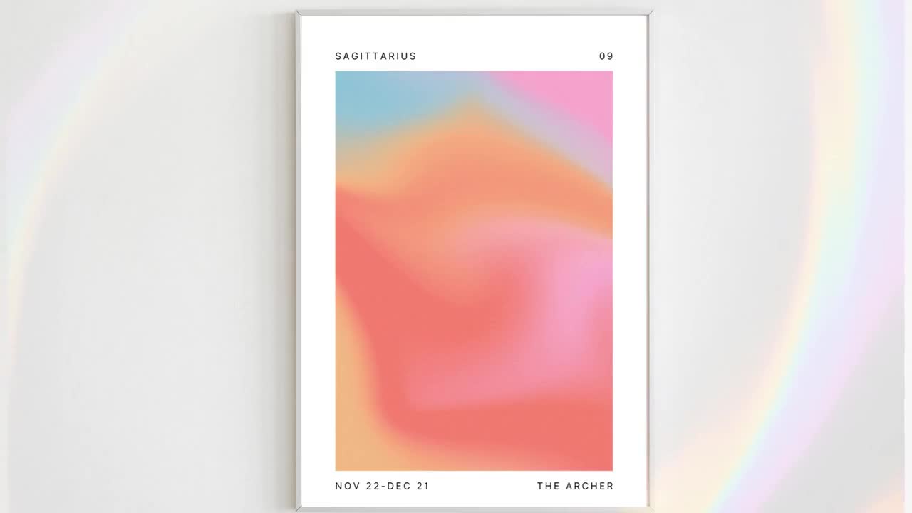 Plakat ścienny ze znakiem zodiaku Strzelec, kolorowy plakat ze Strzelcem, plakat astrologiczny, projekt astrologiczny, gradient, natychmiastowe pobranie cyfrowe video poster