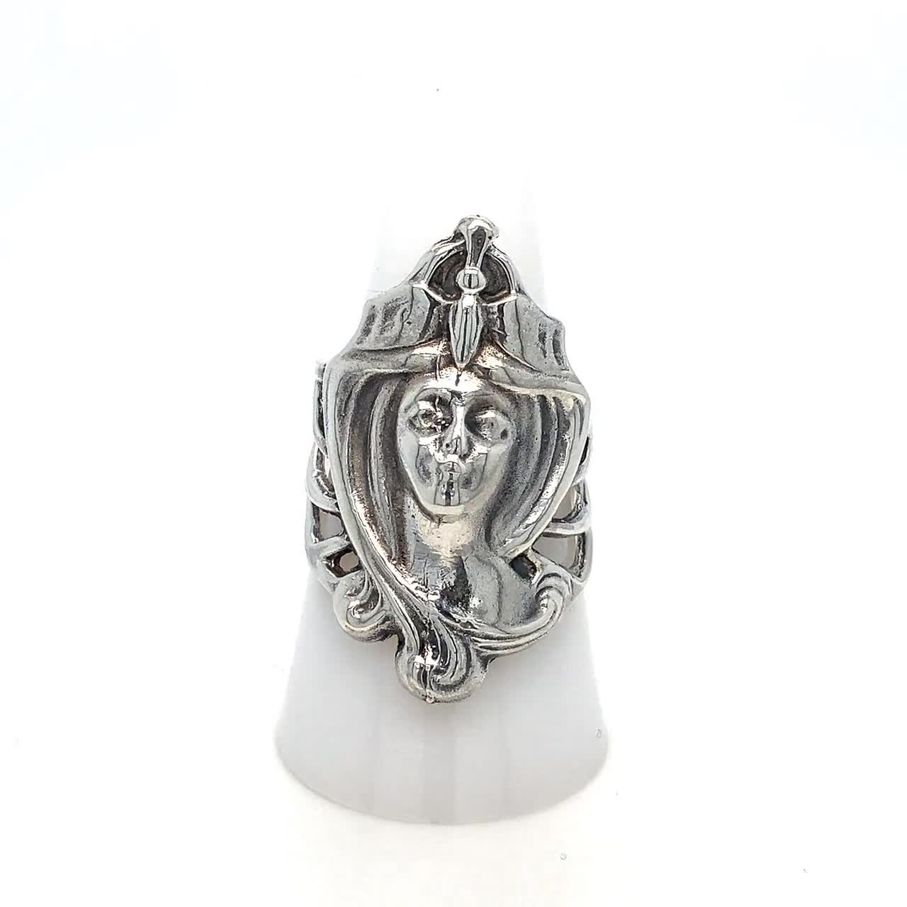 Vintage Art Nouveau Sterling Silver Woman's Face Ring - Size