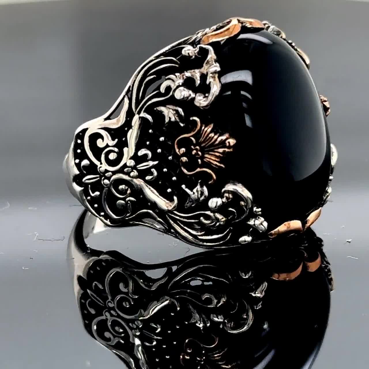 メンズ スターリングシルバー オニキスリング、ハンドメイド ブラック