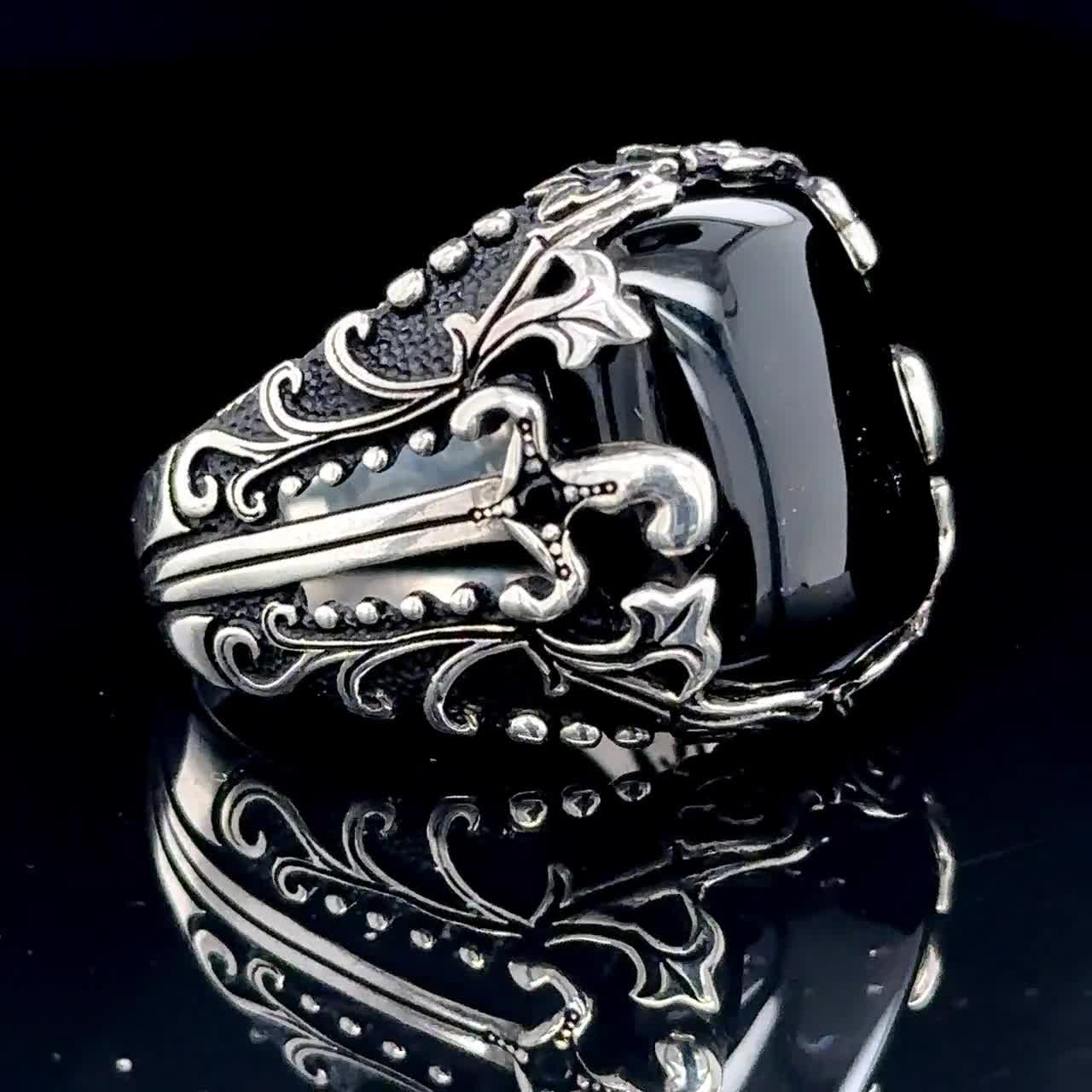 Silver Onyx Ring, Men Handmade Sword Black Onyx Ring, Onyx