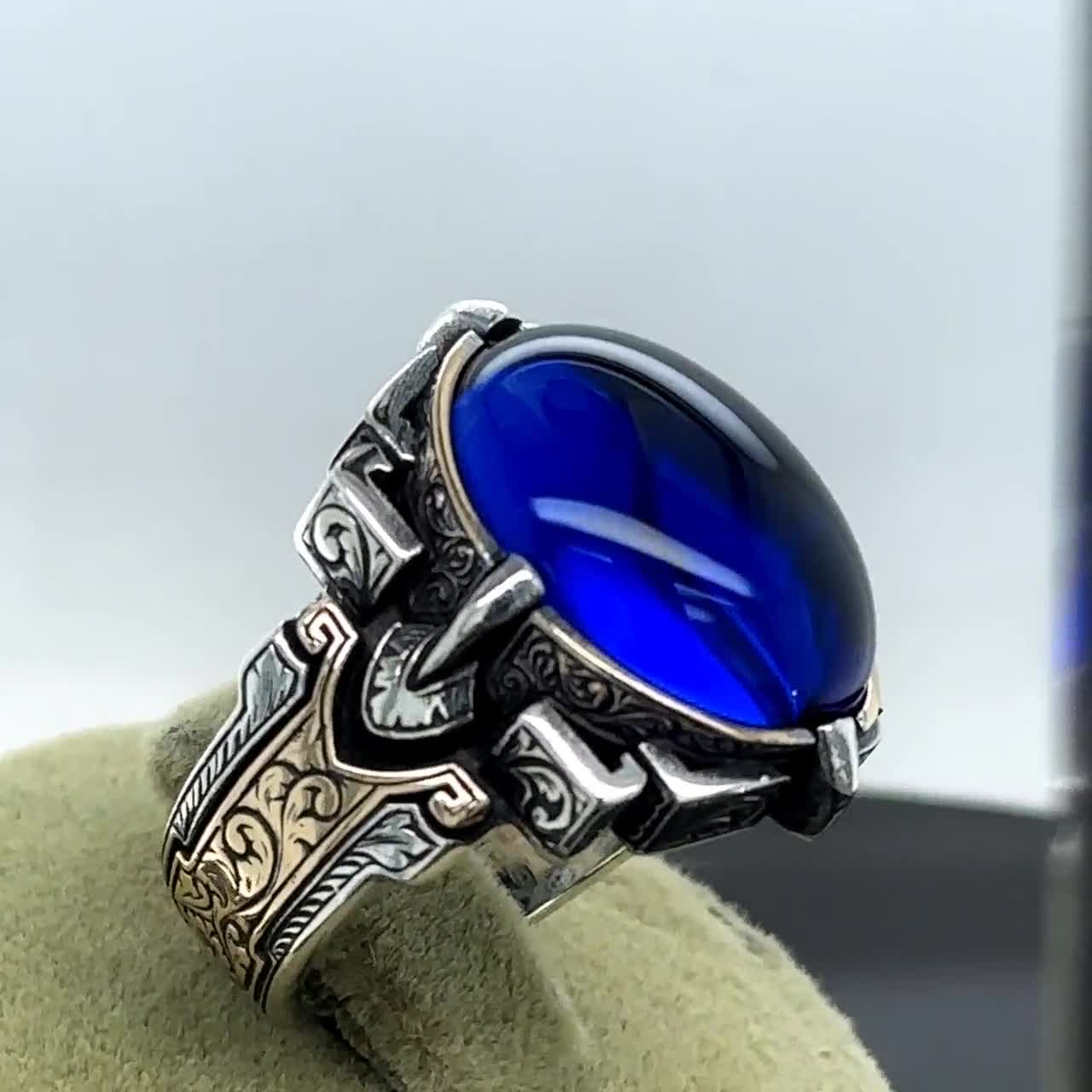 Men Blue Stone Ring , Oval Sapphire Stone Ring , Turkish Handmade