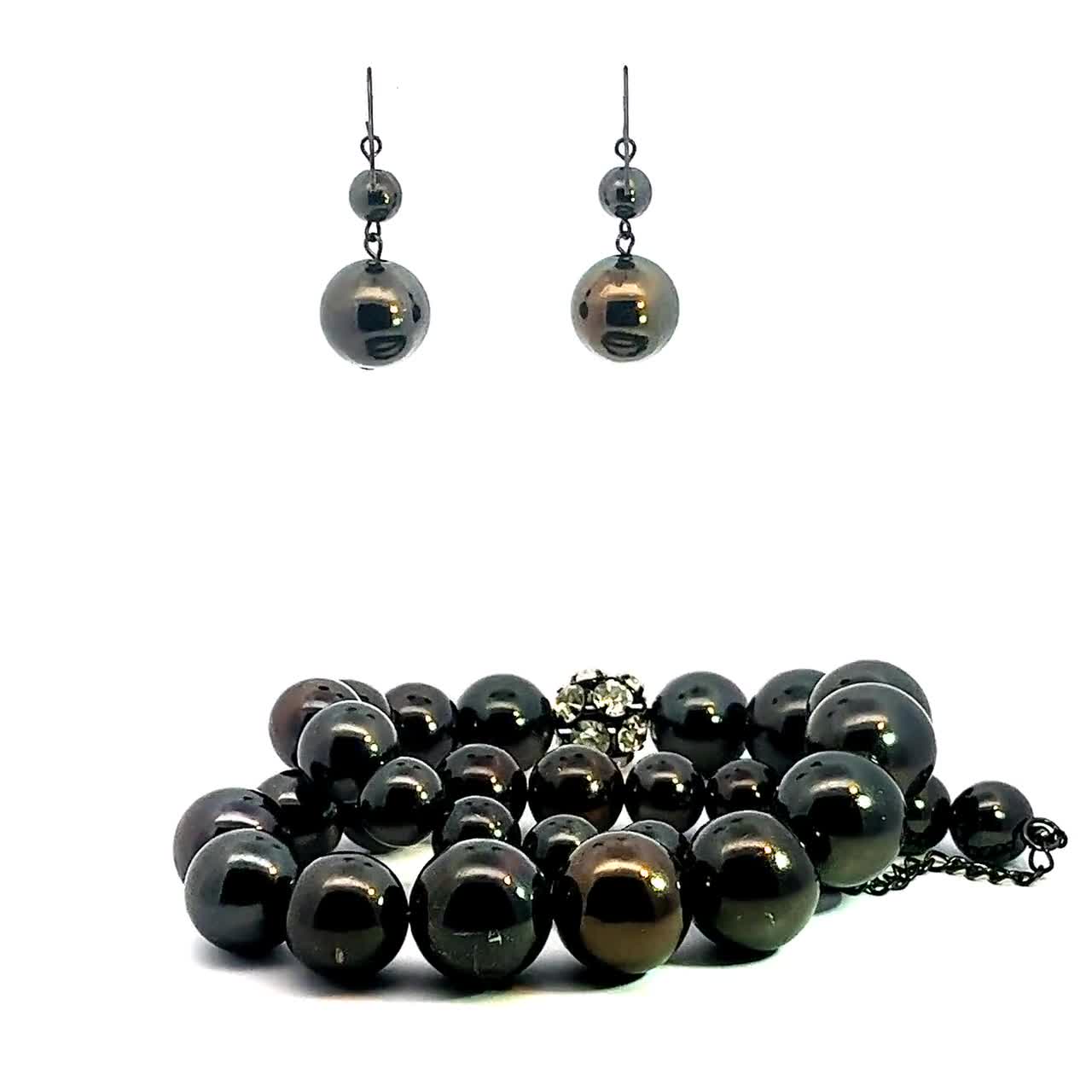 ブラックビーズネックレス＆イヤリングセット、ヴィンテージの輝く