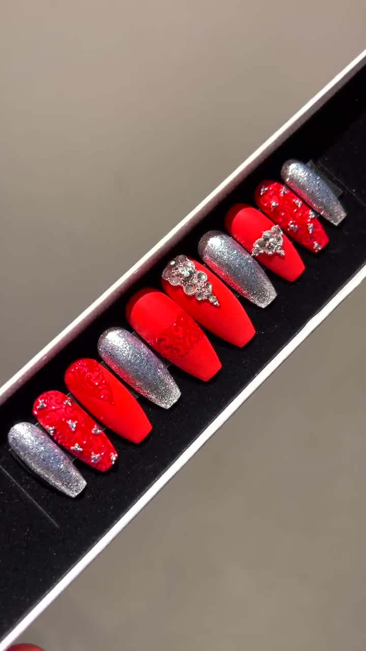 Red and Black Press on Nails with Rhinestones - Lilium Nails