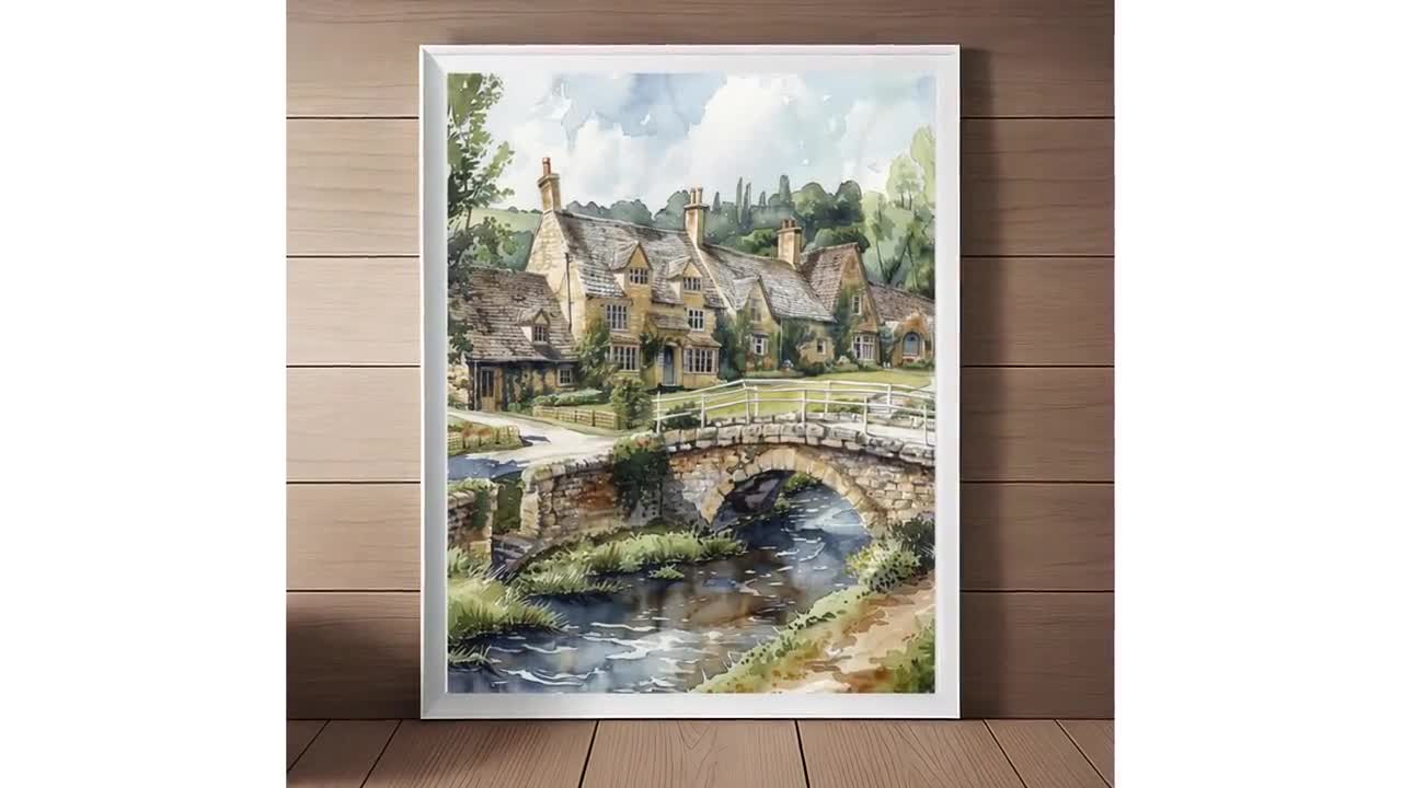 コッツウォルド村の水彩画プリント：イギリスの田園風景（デジタル