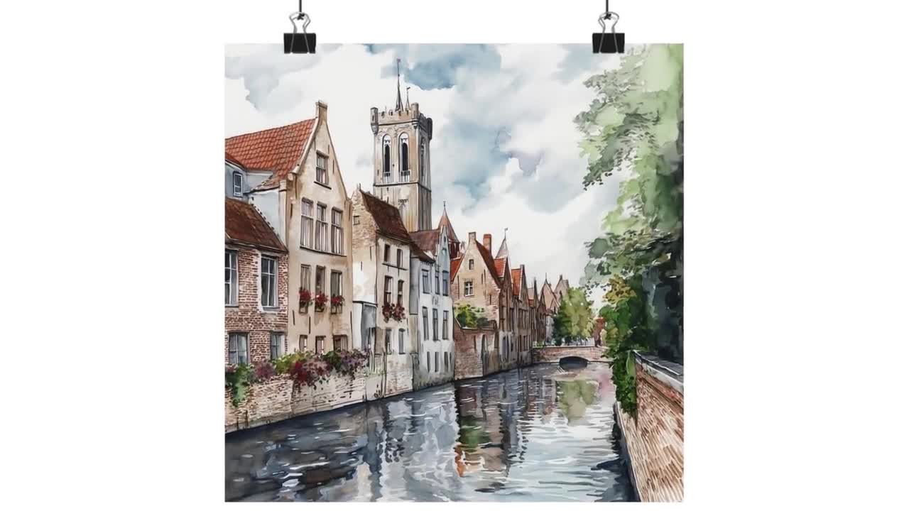ベルギーのブルージュのアートプリント、運河と橋の絵画、北欧の都市