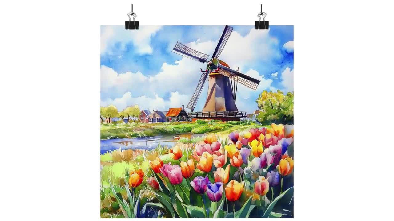 The Netherlands Painting, Holland Watercolor Print, Windmill in