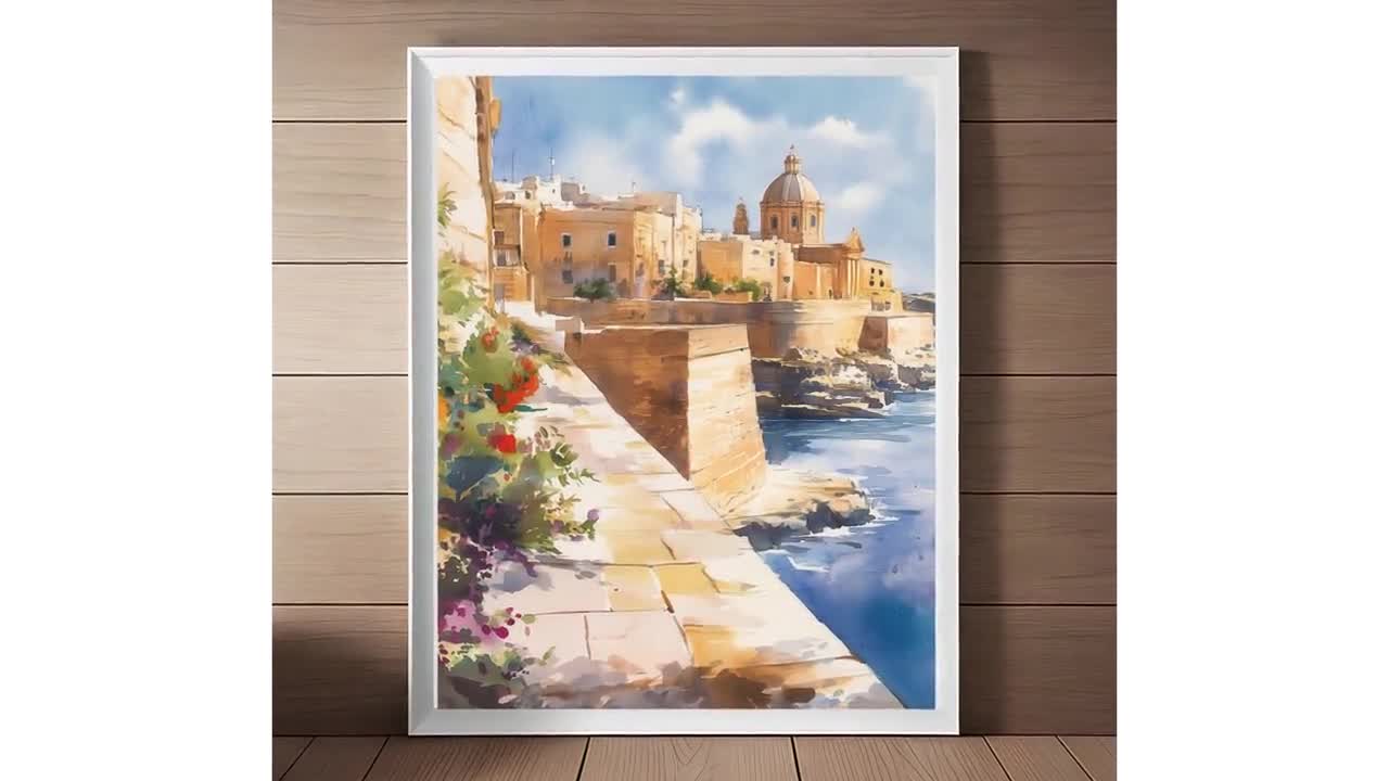 マルタの海景水彩画プリント：地中海の島々の壁掛けアート（デジタル