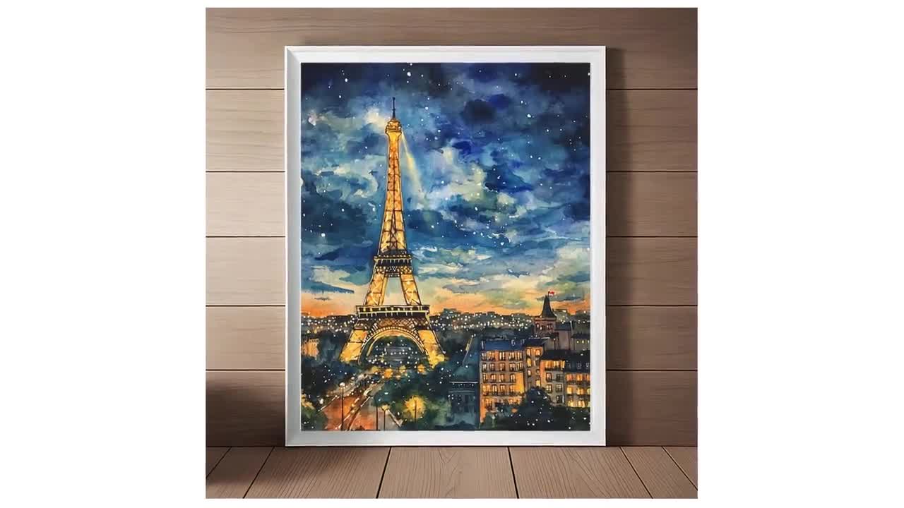 夕暮れのエッフェル塔の水彩画：パリの街並みのアートプリント