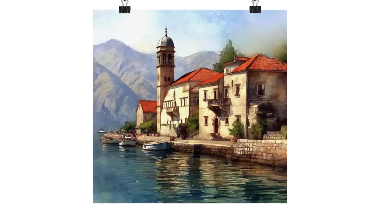 レコード色々 Perast Montenegro Artwork, Bay of Kotor Watercolor Painting