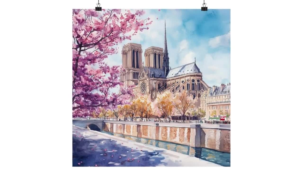 パリの水彩画プリント：ノートルダム大聖堂、セーヌ川、桜 - Etsy 日本