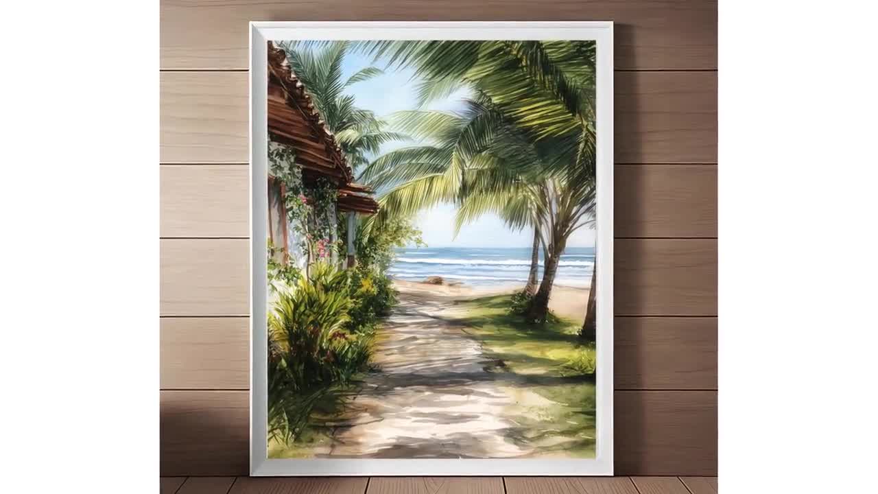 風景画 油彩画 メキシコで購入。 メキシコ、トロンコネスの海景を描いた水彩画：ビーチ旅行ポスター