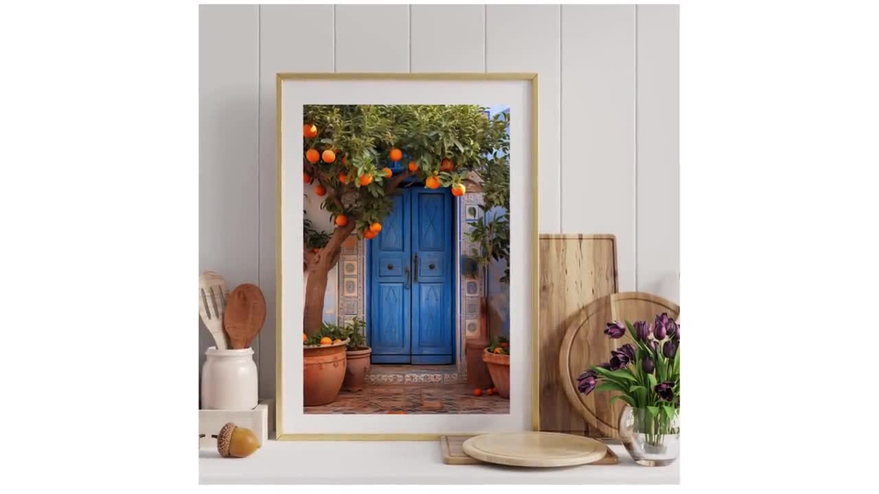 Mediterranean Orange Tree Wall Art, Rustic Blue Door Mosaic and