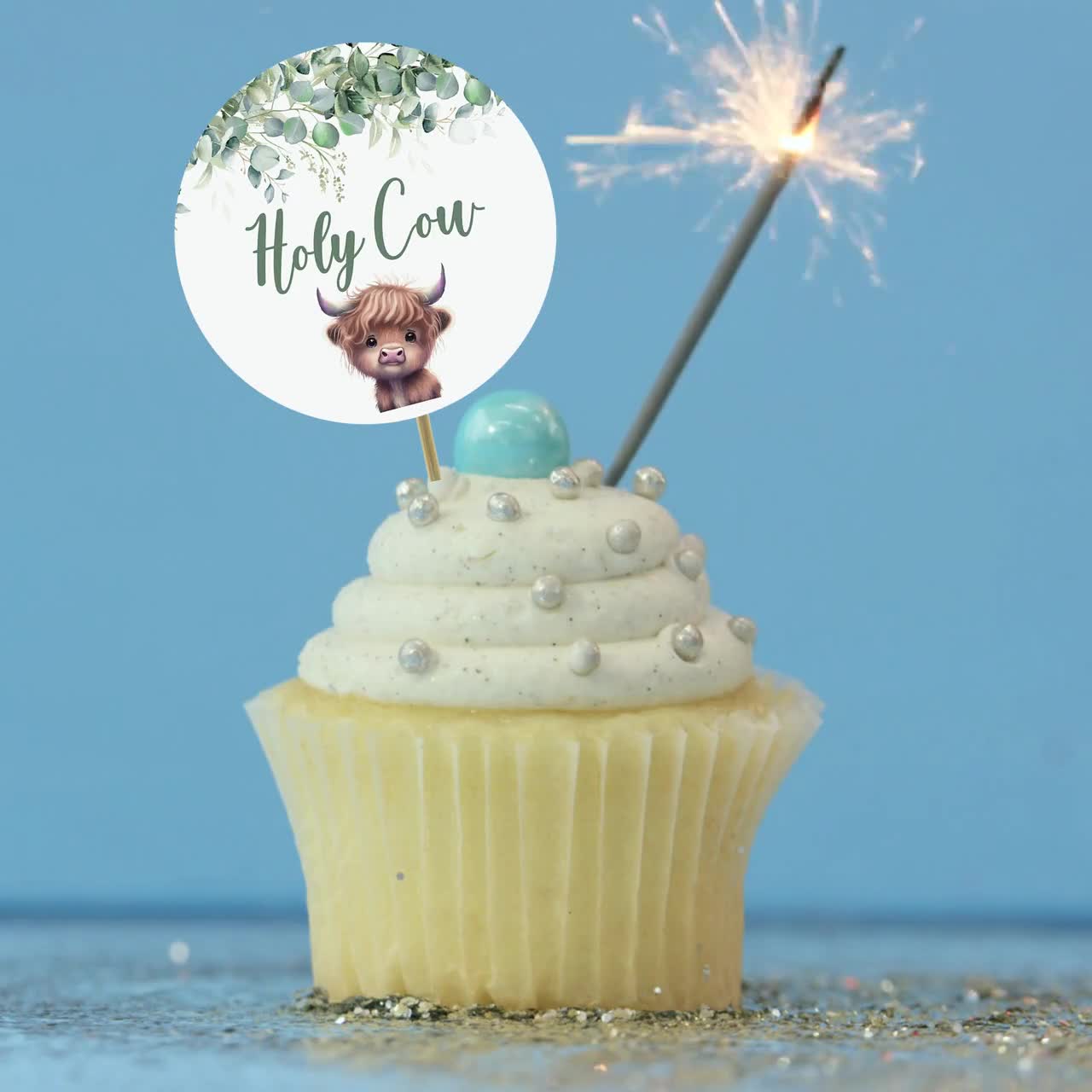 36Pcs Highland Cow Cupcake Toppers Blue - Birthday Baby Shower Gender Reveal Party Decorations