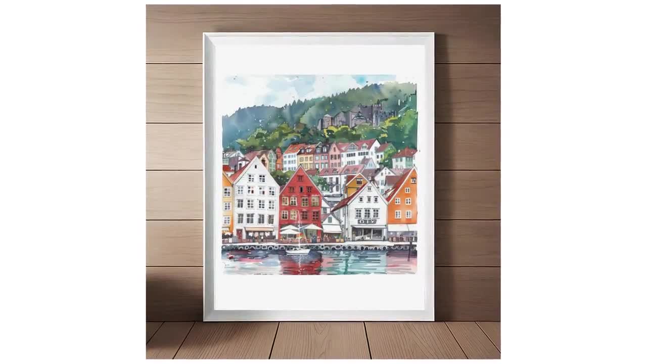 ノルウェー、ベルゲンのアートプリント：海岸の風景を水彩で描いた旅行
