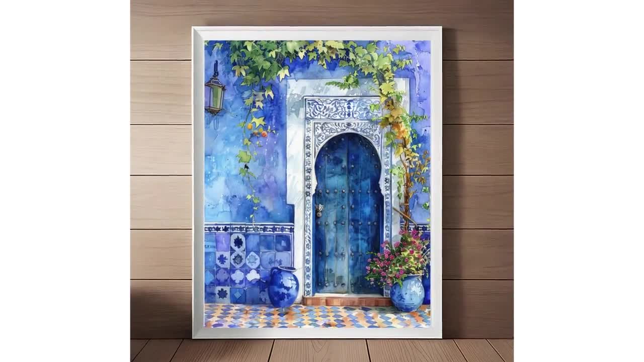 Moroccan Blue Door Watercolor Art Print: Marrakesh Travel Poster