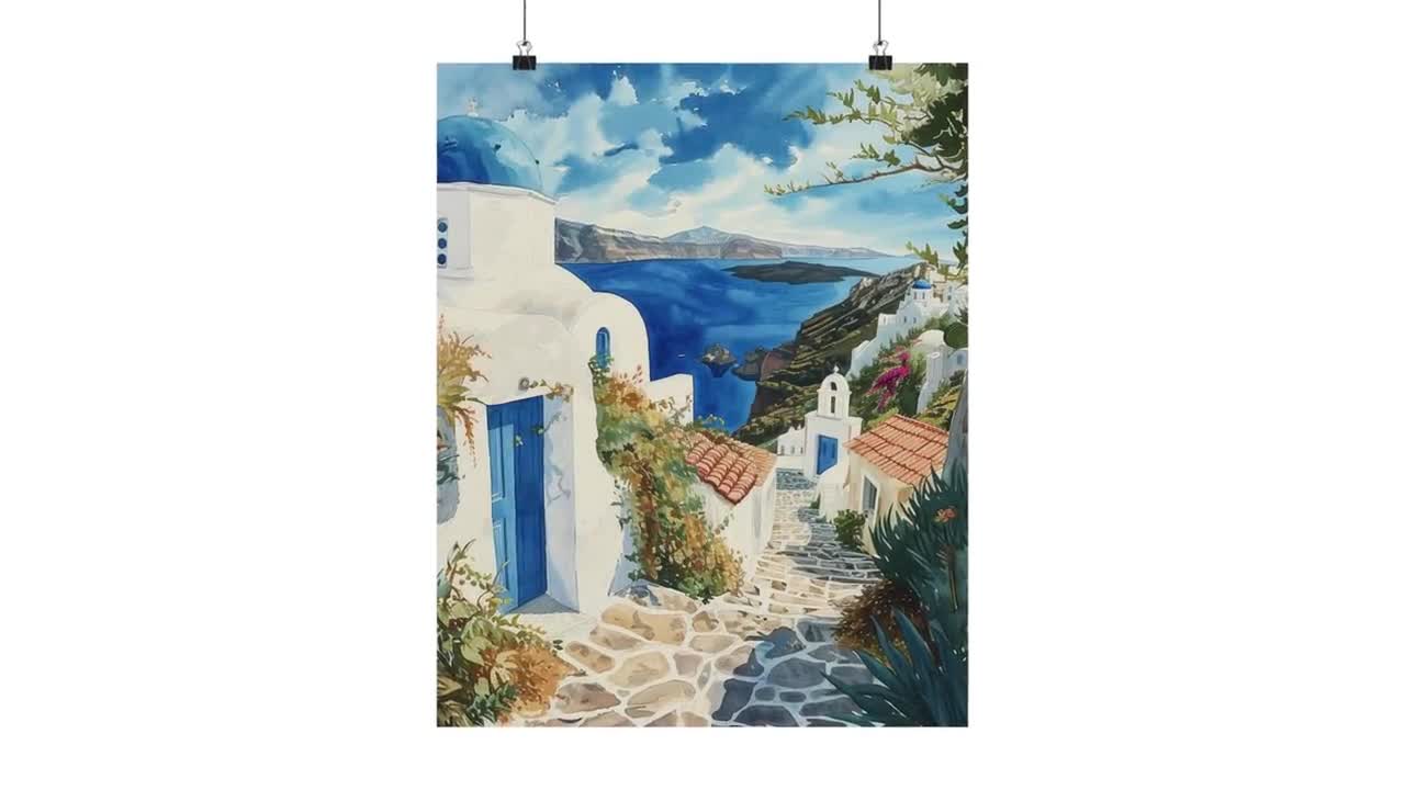 ミコノス島ギリシャ沿岸アートプリント、ギリシャ壁画、エーゲ海の風景