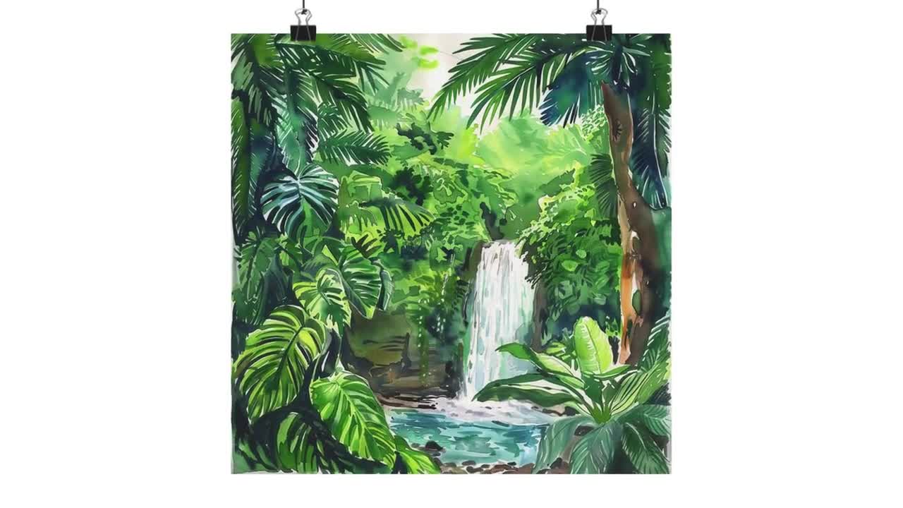 絵画　油絵　風景画　ジャングル　F4 コスタリカのアート、緑豊かな熱帯雨林の絵画、ラ・フォルトゥナの滝の