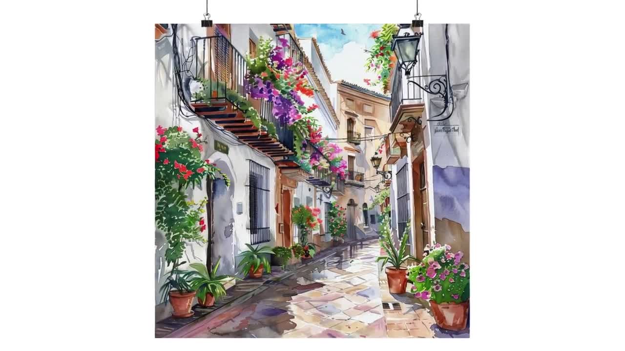 マラガの絵画 南スペインの街並みのアートプリント、花柄のスペイン