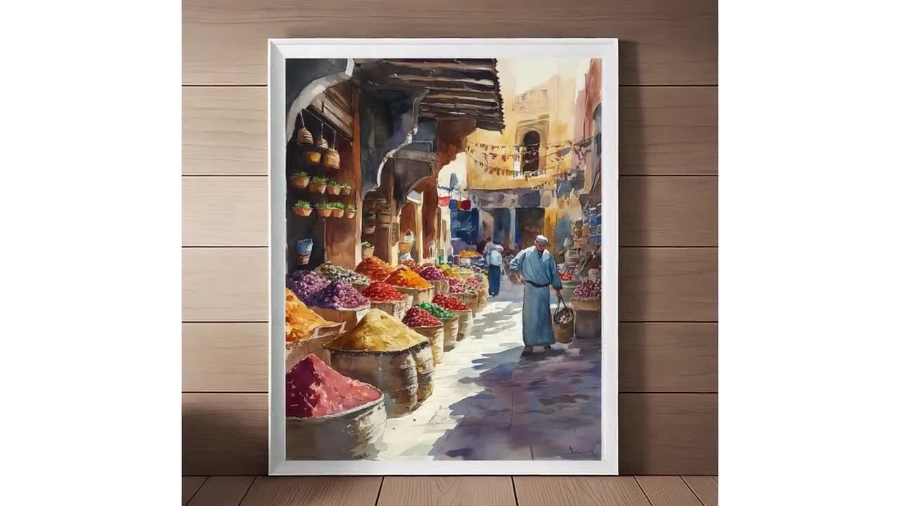 Moroccan Spice Market Watercolor Art Print: Fez Travel Scene