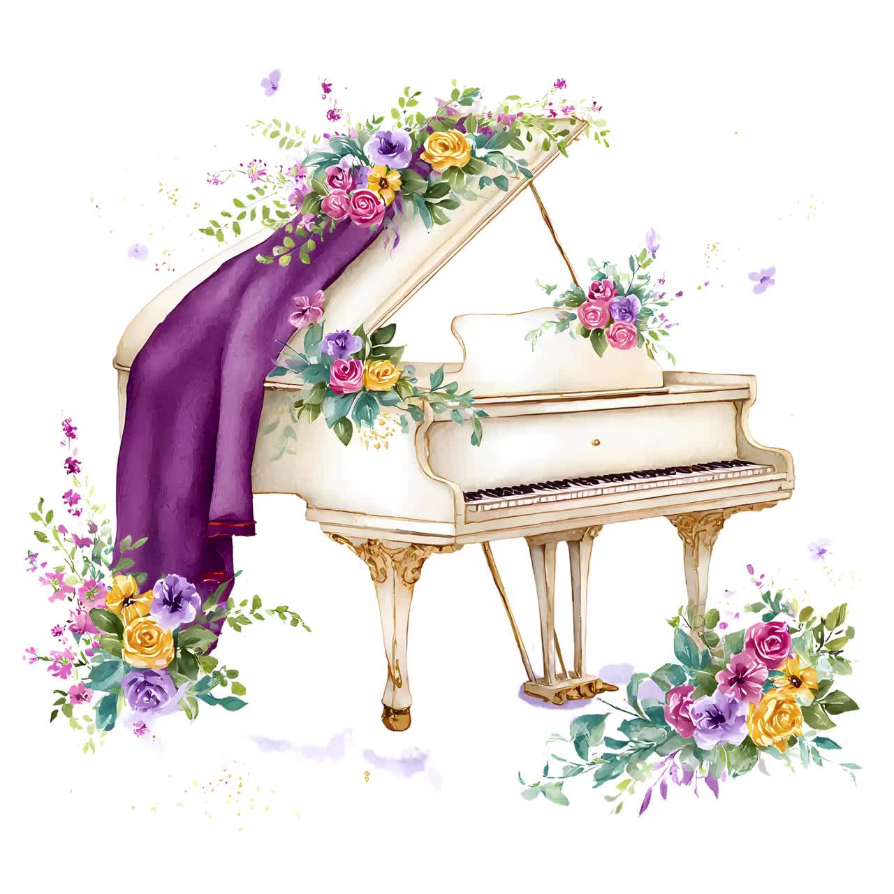 アート・デザイン・音楽 Foujita Grand fond blanc Floral Grand Piano Watercolor Clipart: 20 PNG Images (digital