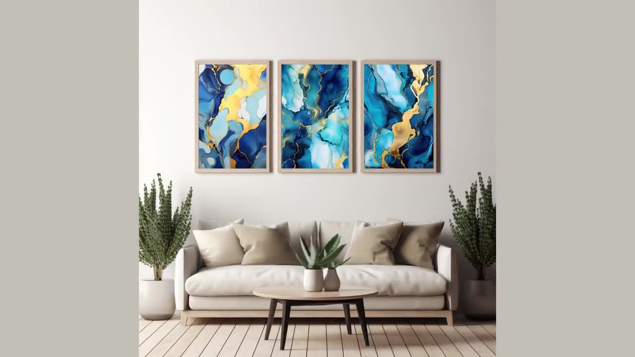 新品未使用　ウォールアート　４枚セット　マリン　ブルー ゴールド　海外インテリア Amazon.co.jp: ネイビーブルーとゴールドの抽象的なウォールアート
