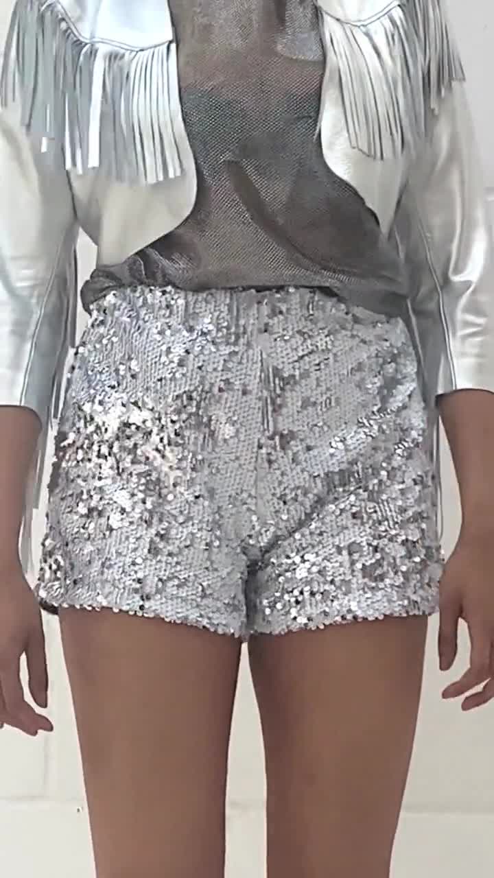 Womens Rave Shorts Burning Man Shorts Silver White Sequin 