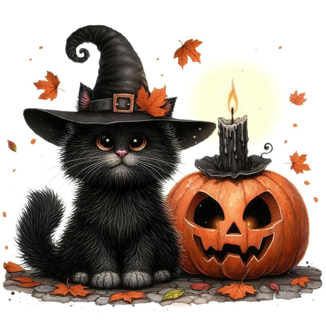 ハロウィンの黒猫とカボチャのクリップアート 12 PNG/JPGS、かわいい