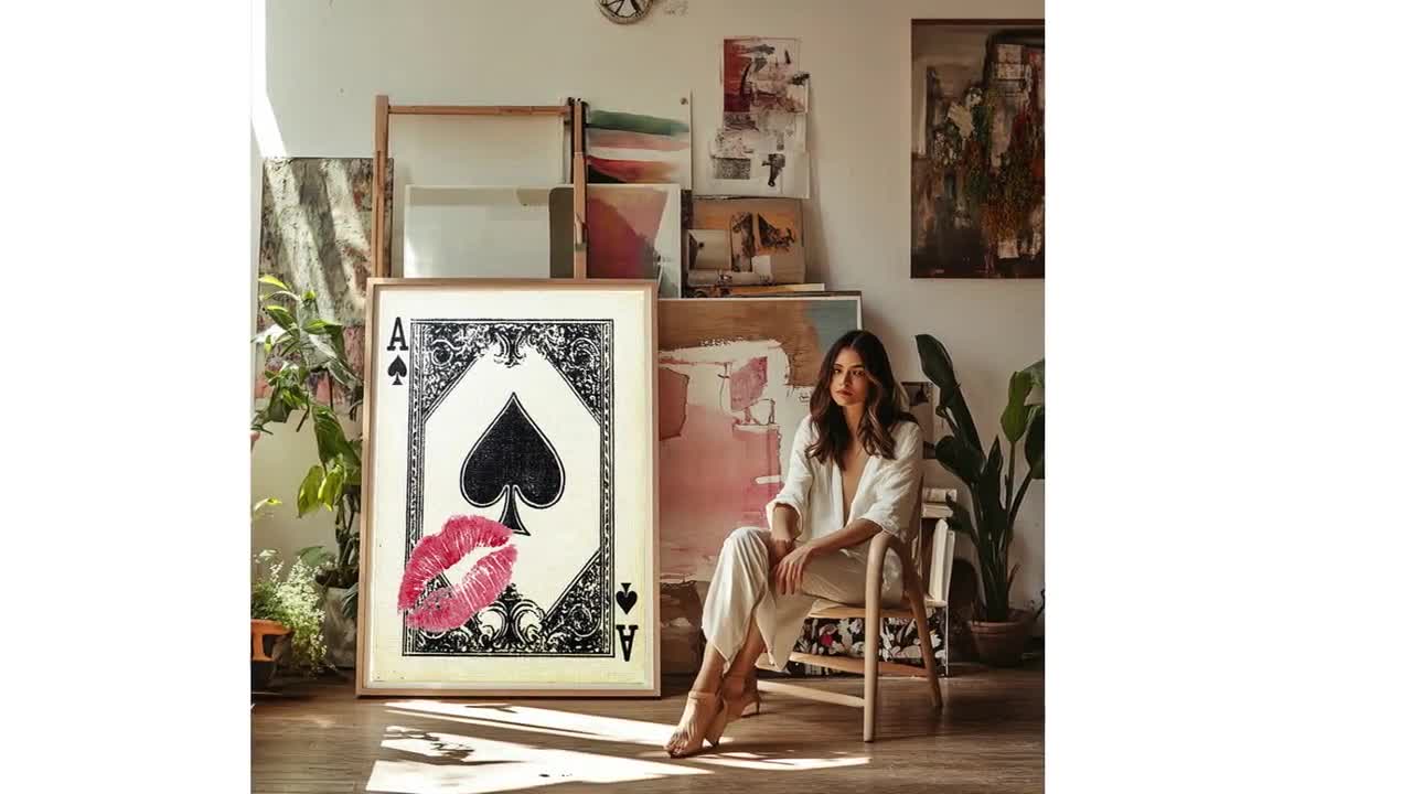 Playing Card Wall Art, Ace of Spades Print, Trendy Retro Kiss Lips