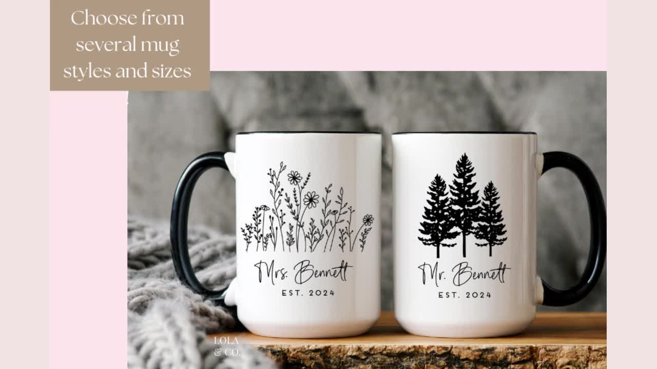 Floral Stackable Coffee Mugs, Maid of Honor and Bridesmaid (15 oz