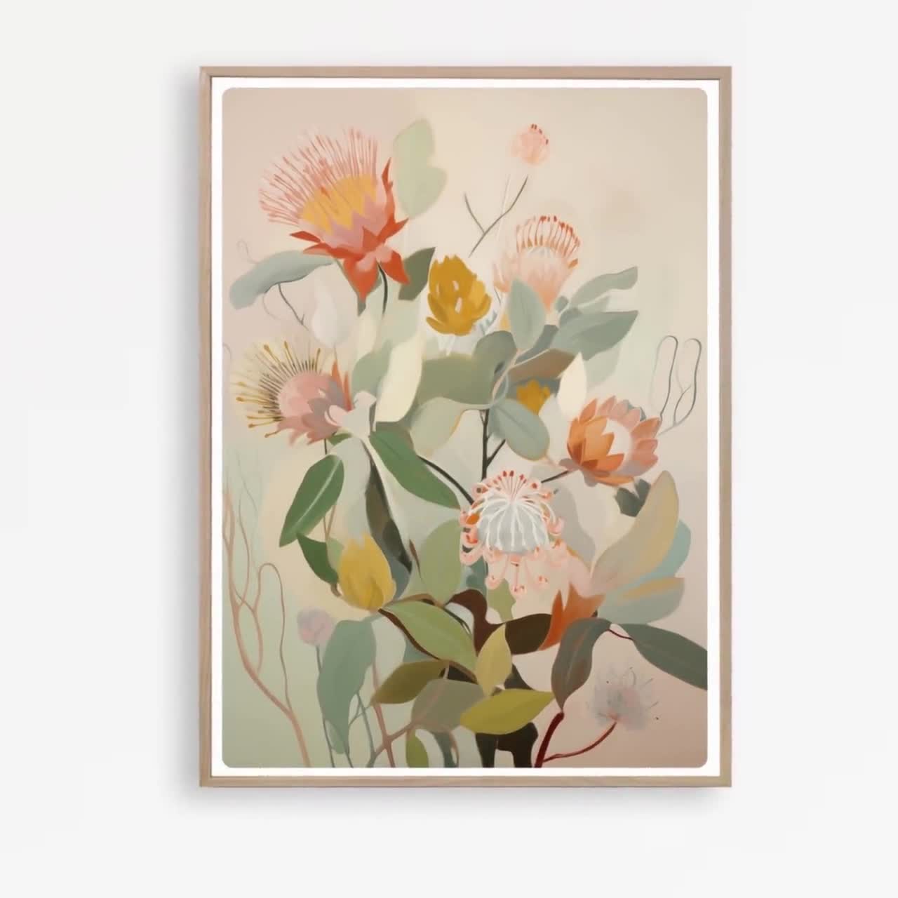 オーストラリア原産の花のアート、プロテアの絵画、原産の花のプリント