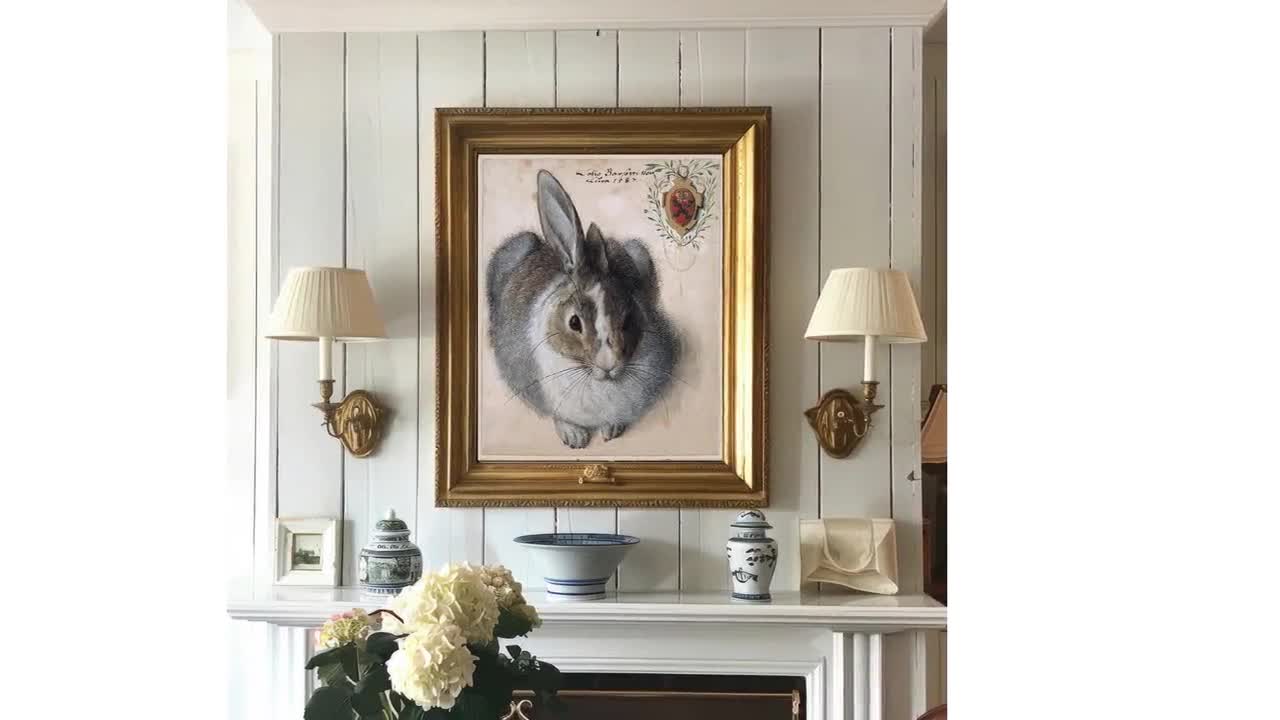うさぎの水彩画ウォールアートプリント、ニュートラルなコテージコア