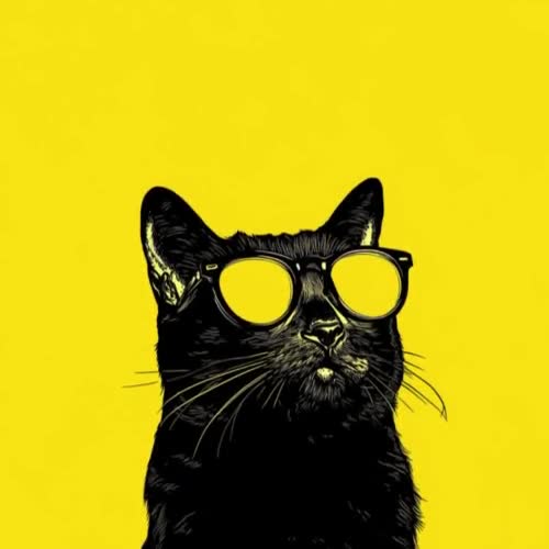 黄色の背景に黄色の眼鏡をかけたクールな黒猫のシルエットミニマリスト