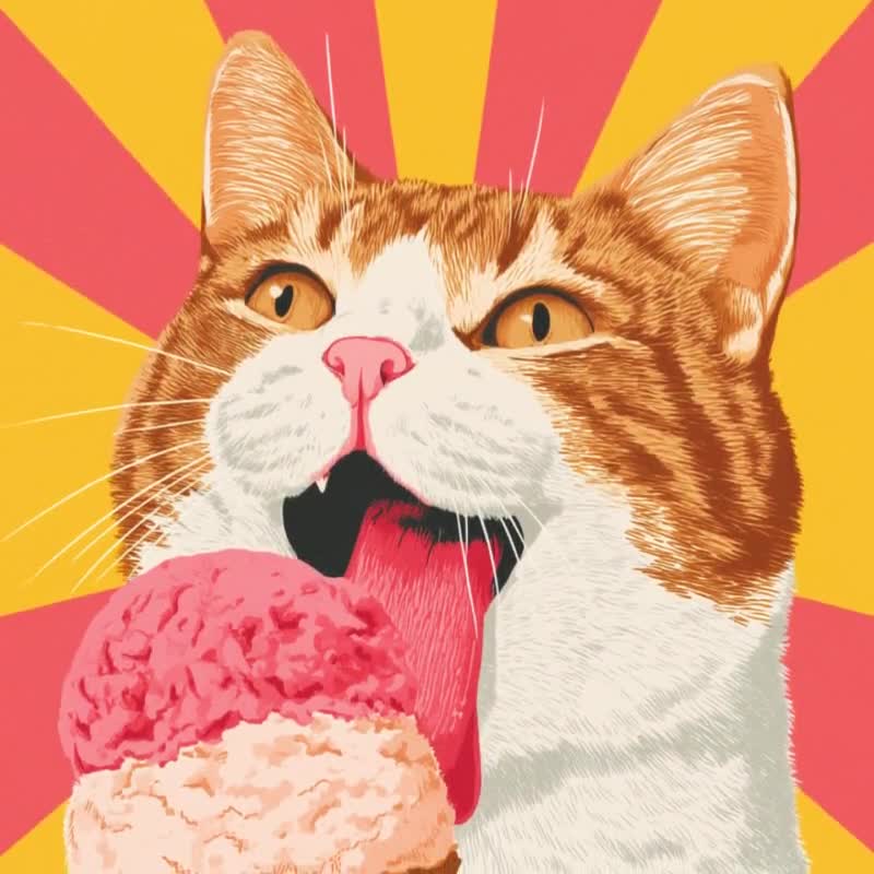 おもしろいオレンジ色の猫のアートプリント、ぽっちゃりがアイス