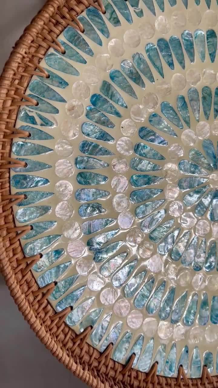 Serene Round Rattan Serving Tray, Boho Handwoven Display Tray, Boho Décor,  Hamptons Beach Wall Art, Mother of Pearl and Mosaic Details 