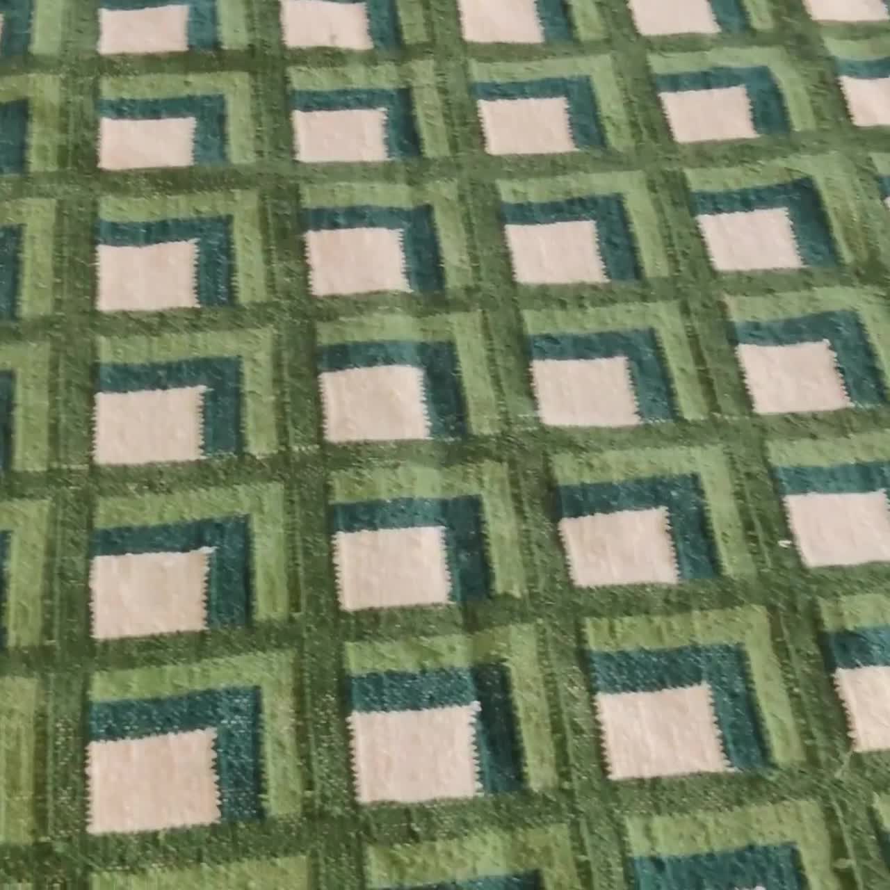 Modern Wool Luxury Wool Area Rug, Handwoven Flatweave Kilim 8x10 FT, Green Scandinavian Design Checkered Carpet video poster