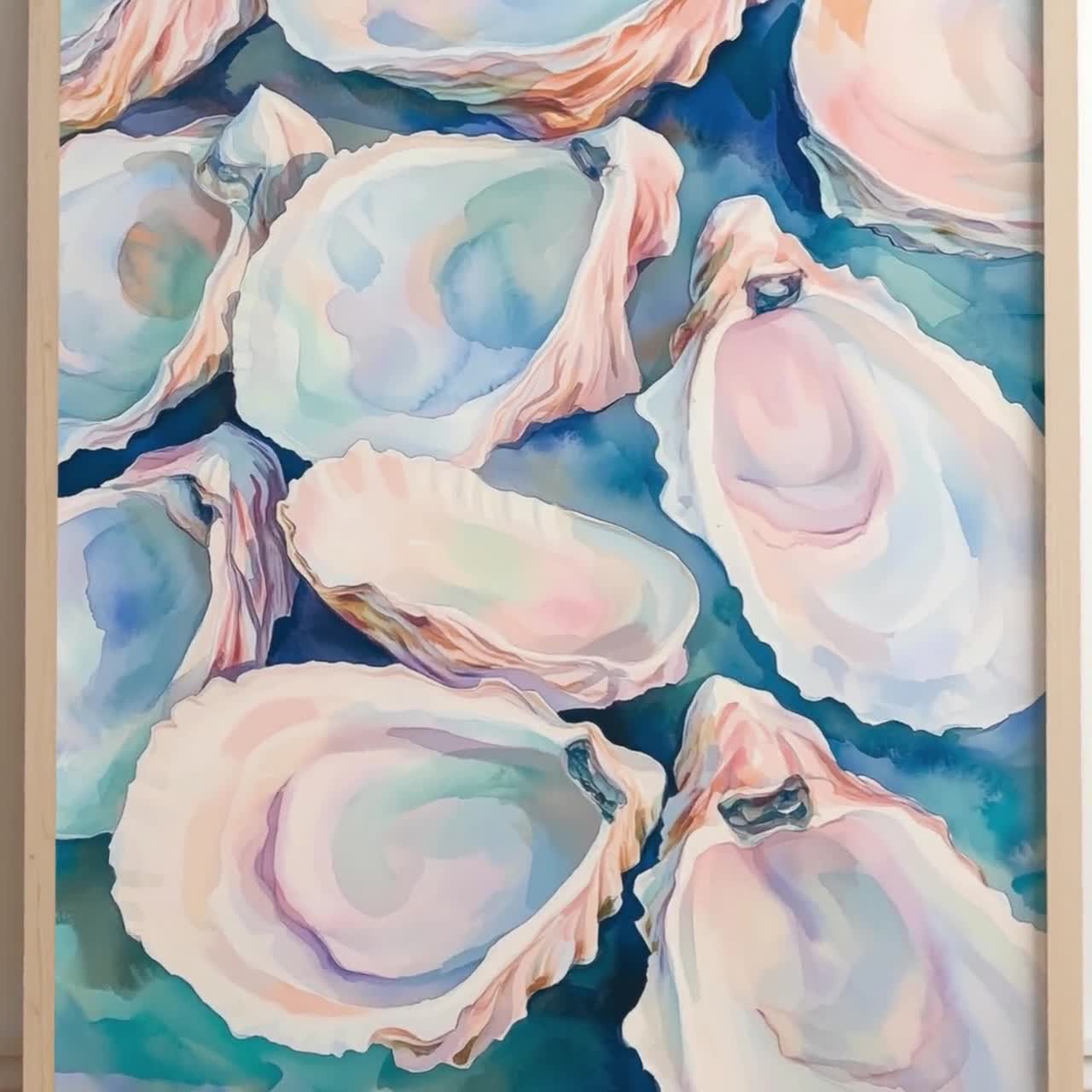 牡蠣殻の水彩画 - カラフルなパステルカラーの牡蠣の絵画 - 海岸沿いの