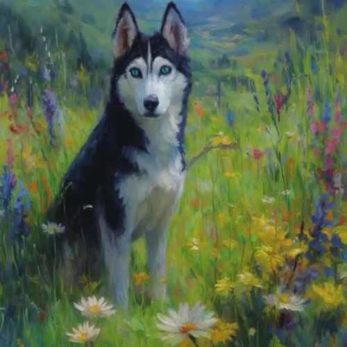 ハスキー犬の野花の草原の版画：風景画風の犬の絵画 - Etsy 日本