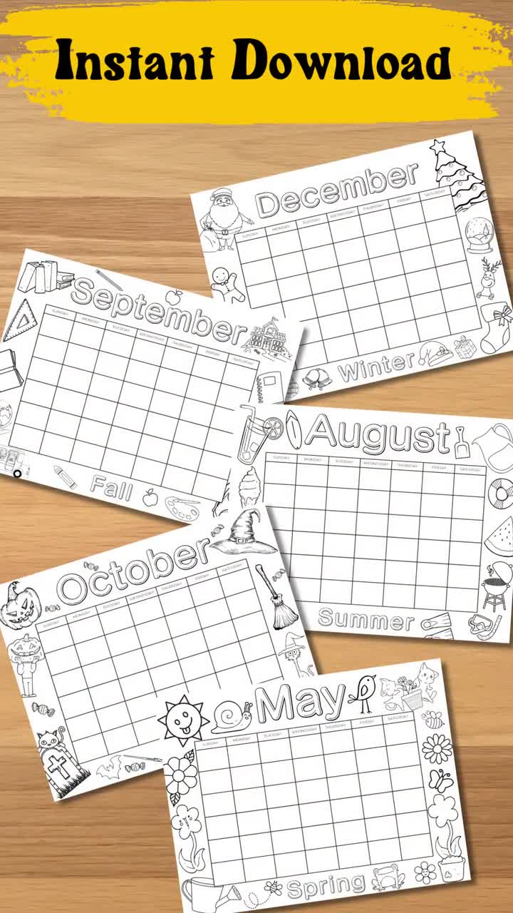 Printable Coloring Calendar for Kids, Kids Calendar, Printable Kids Calendar  - Etsy
