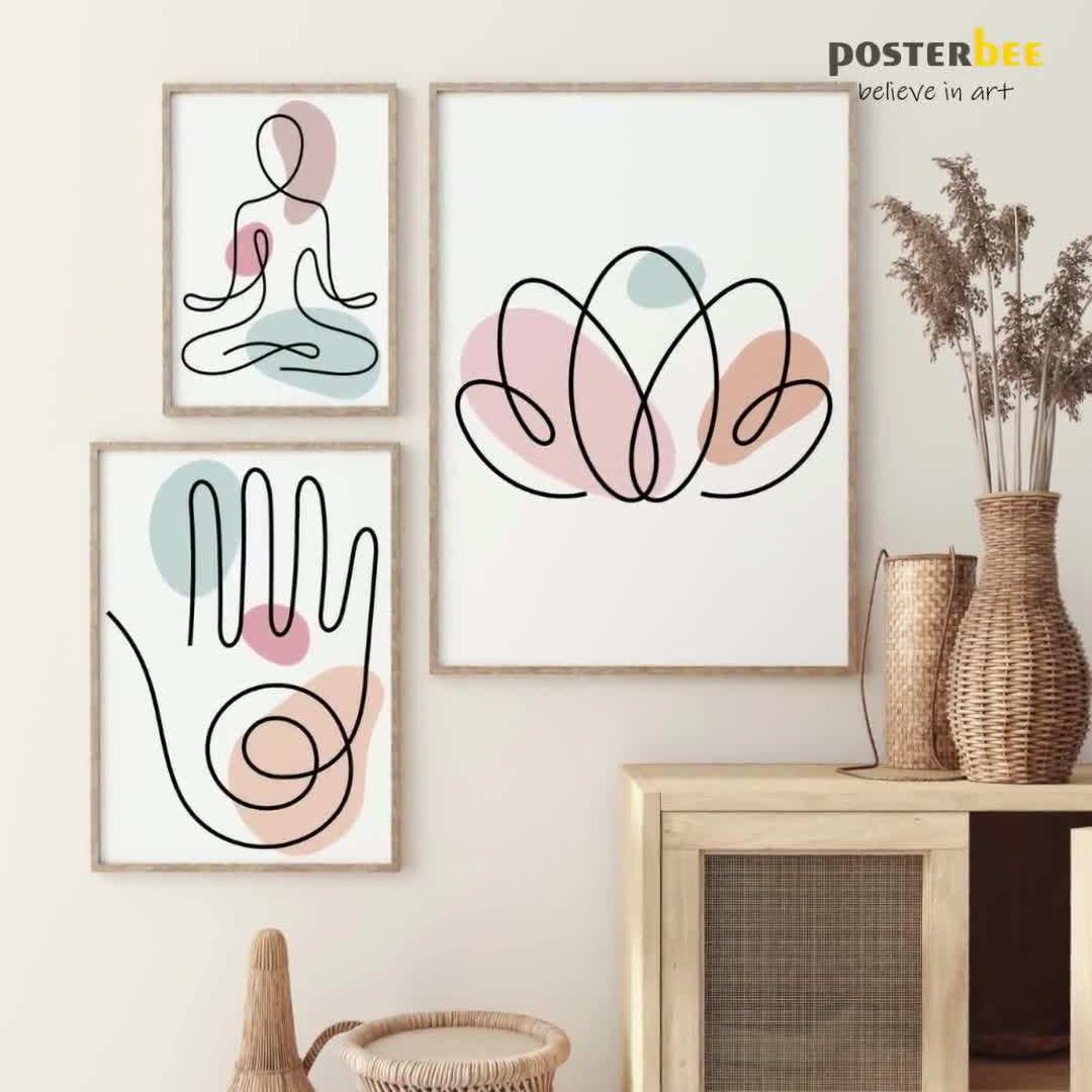 Set of 3 Yoga Posters | One Line Vector Illustration | Lotus Position |  Lotus Flower and Hand Spiritual Sign | Abstract | Minimal Poster Art