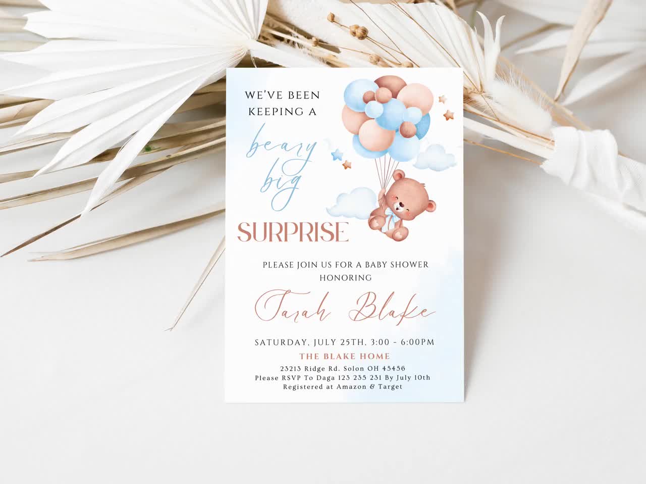 テディベアバルーンベビーシャワー招待状セットテンプレート、ベビー