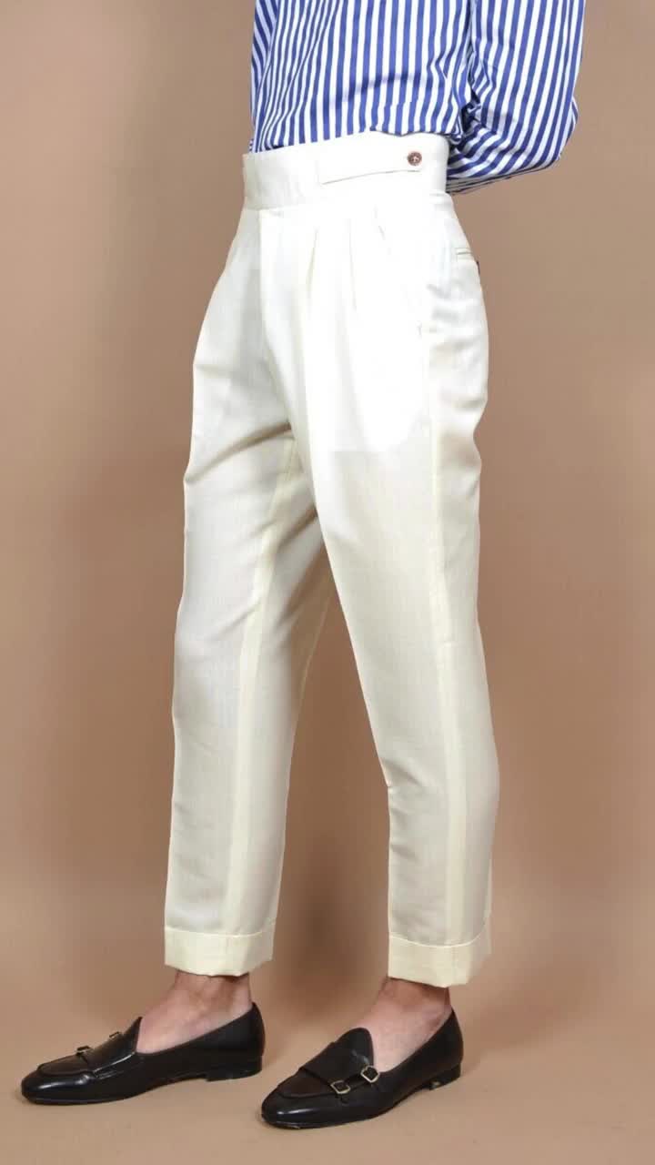 Men Custom Made Ivory Cotton Gurkha Dress Pants Double Pleats